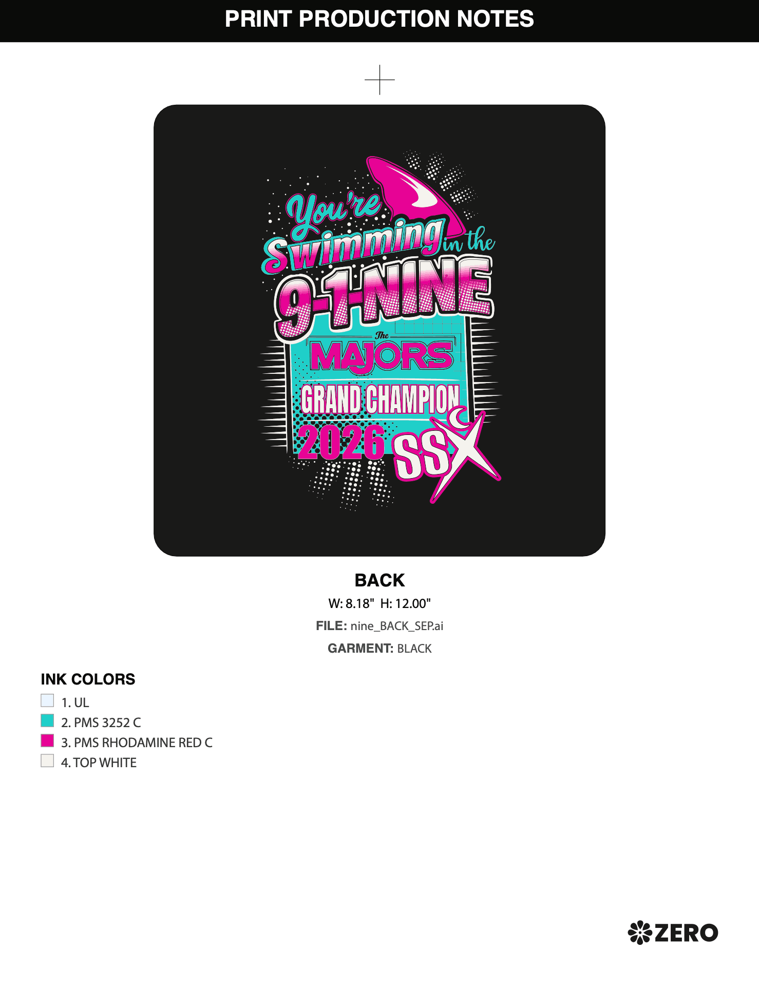 Print production notes with ink colors and garment info